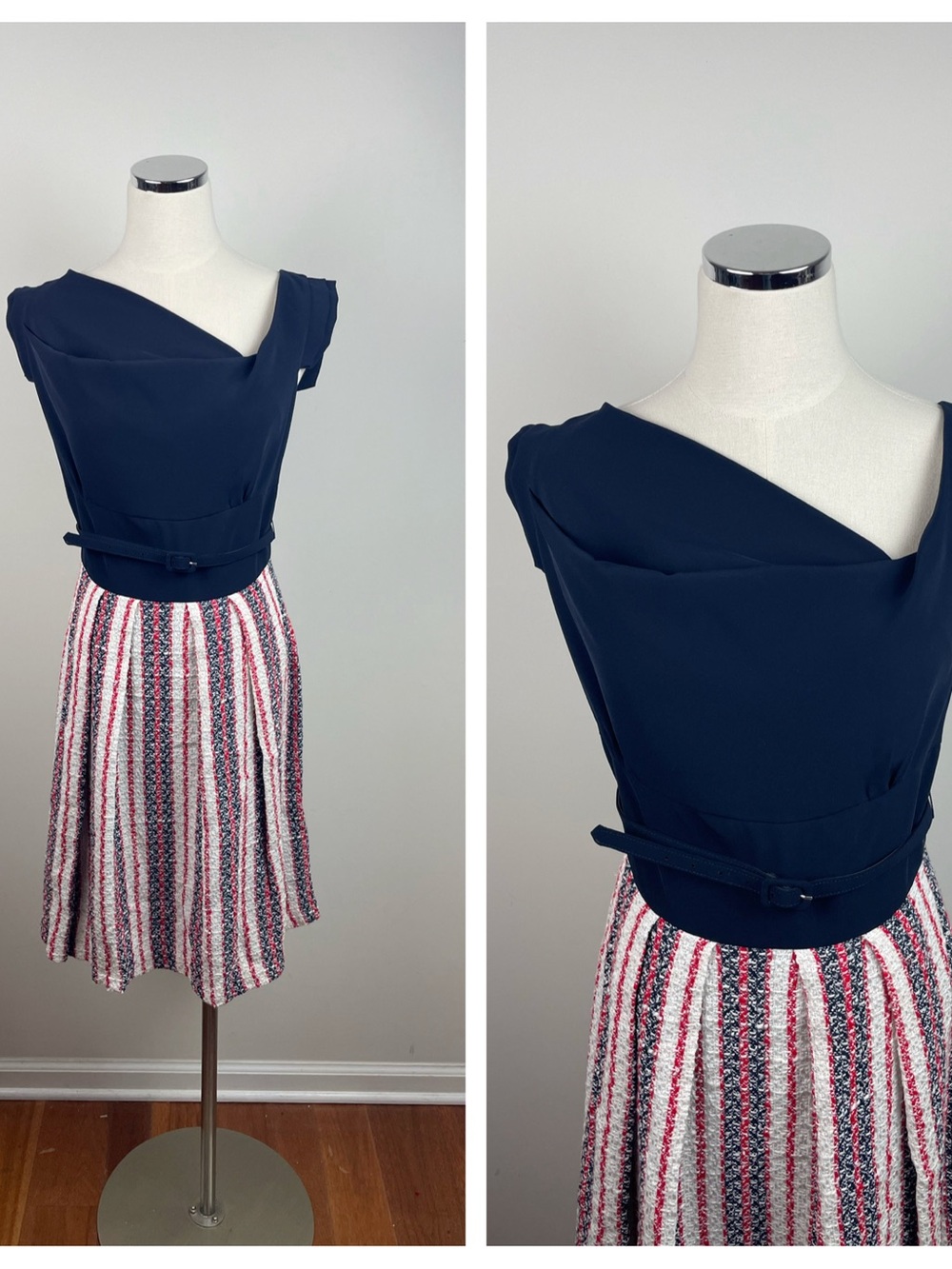 Eva Franco Navy Blue Red White Midi Dress Draped Bodice With Belt Size 8